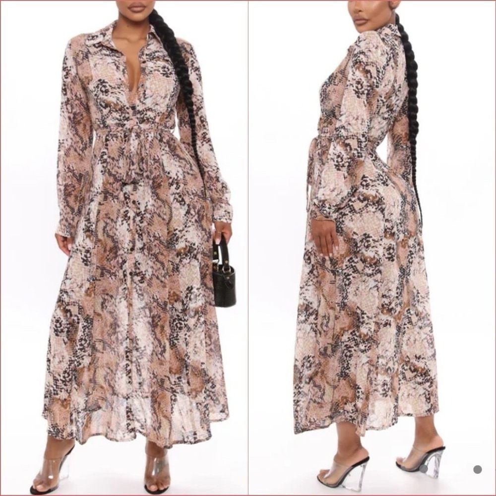 Fashion Nova Anastasia‎ Snakeskin Print Maxi Shirt Dress S Taupe Baddie Mob Wife